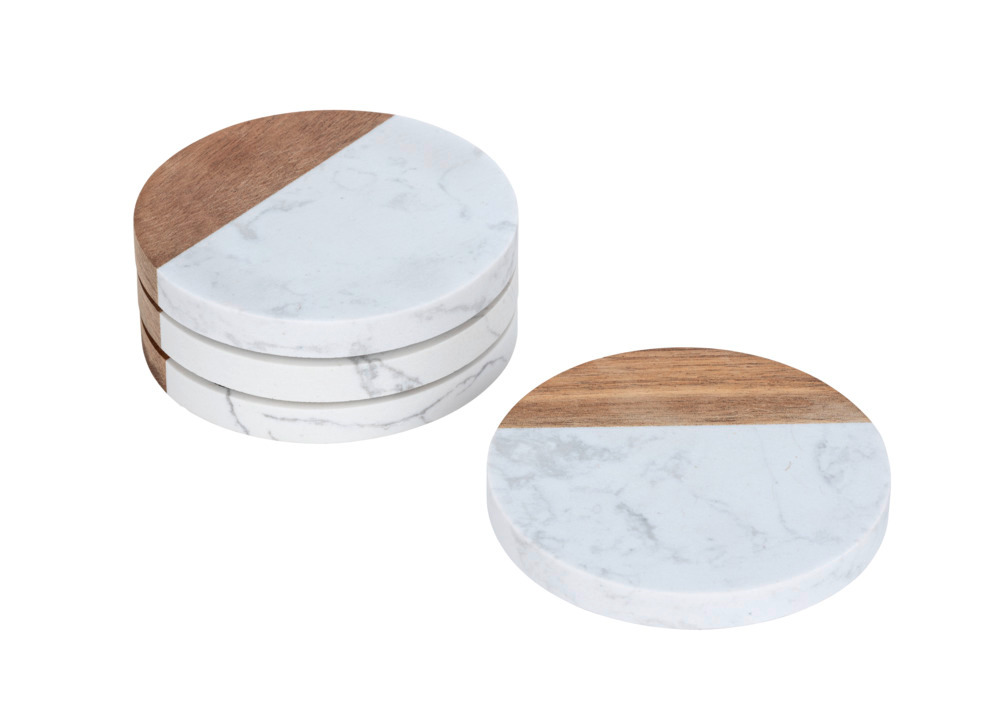 Onderzetter Mod. Marnie, wit/naturel, marmer/acacia, D10x1cm, set van 4