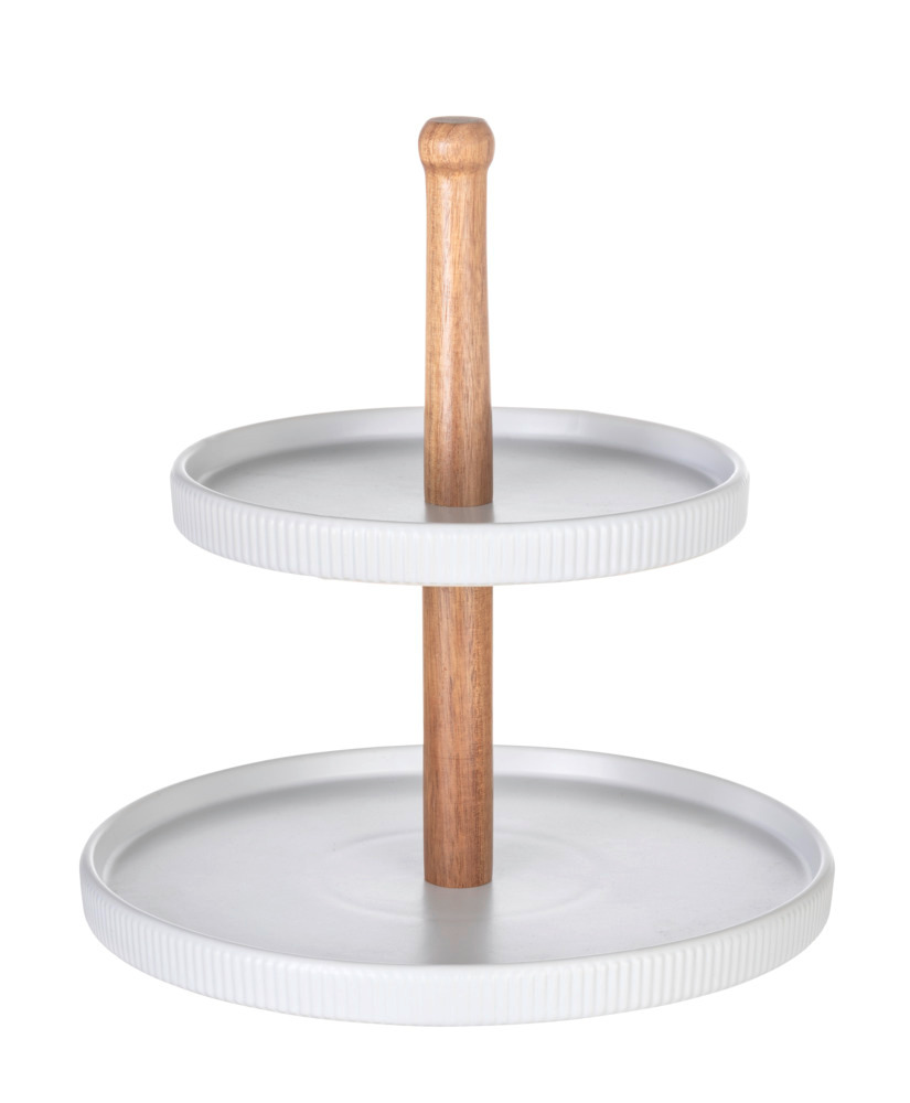 Etagere Mod. Refia, wit, keramiek, acaciahout, Ø24x25cm