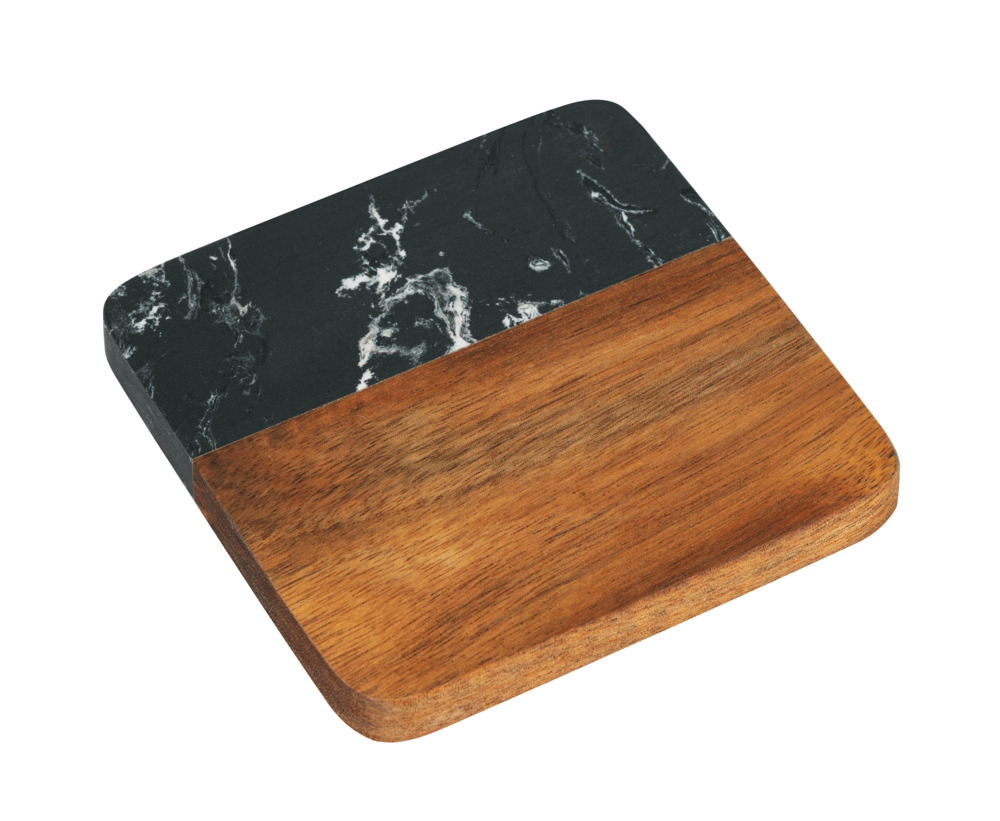 Onderzetter Mod. Atami, zwart, marmer/acacia, 10x10x1 cm, 5-delig