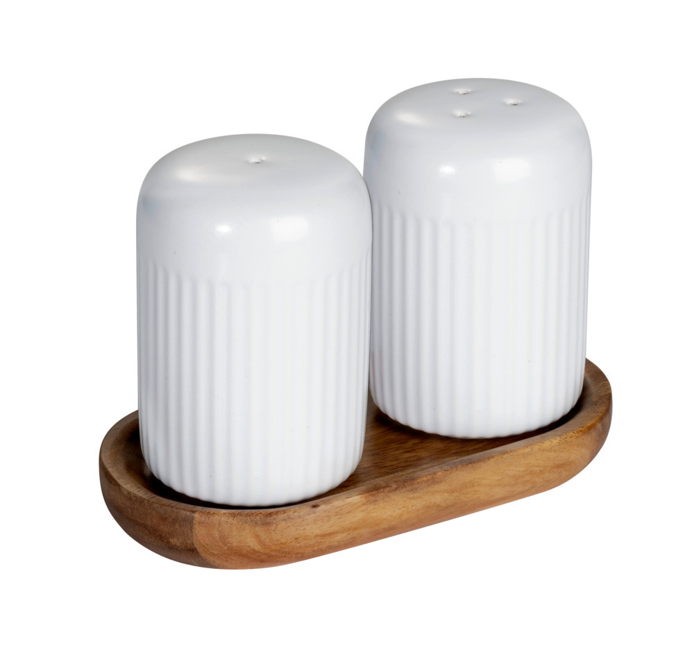 Peper- en zoutstel Mod. Refia, wit, keramiek, acaciahout, 2x75ml