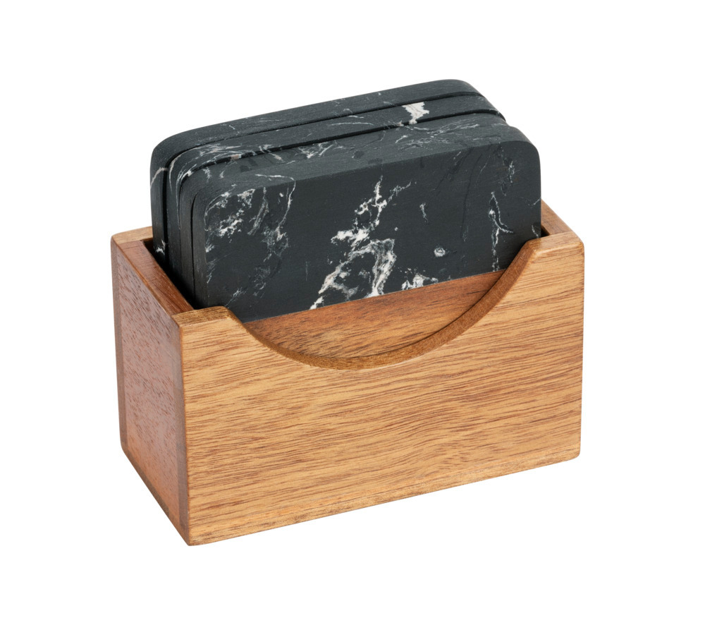 Onderzetter Mod. Atami, zwart, marmer/acacia, 10x10x1 cm, 5-delig
