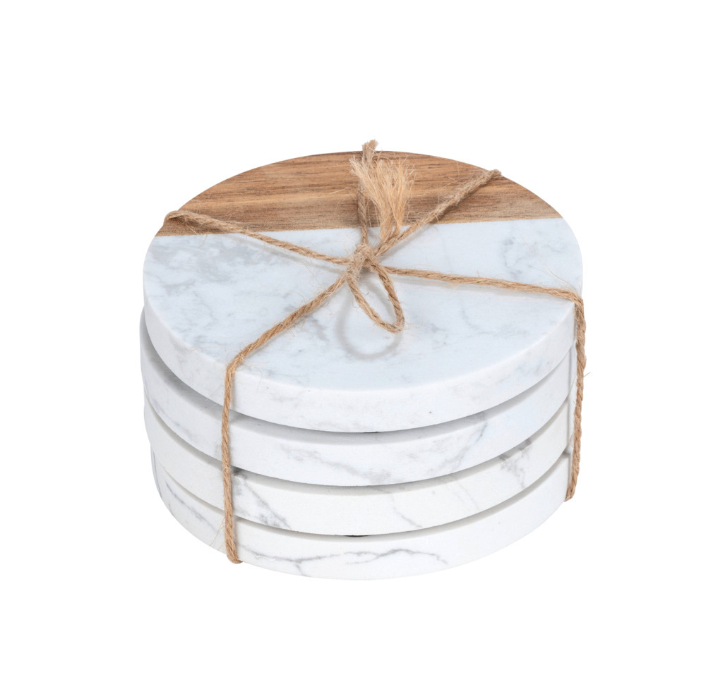 Onderzetter Mod. Marnie, wit/naturel, marmer/acacia, D10x1cm, set van 4