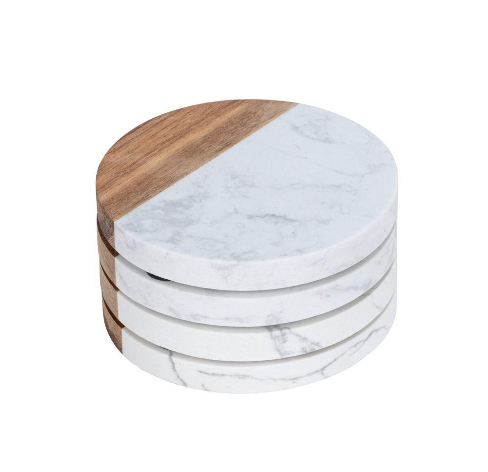 Onderzetter Mod. Marnie, wit/naturel, marmer/acacia, D10x1cm, set van 4