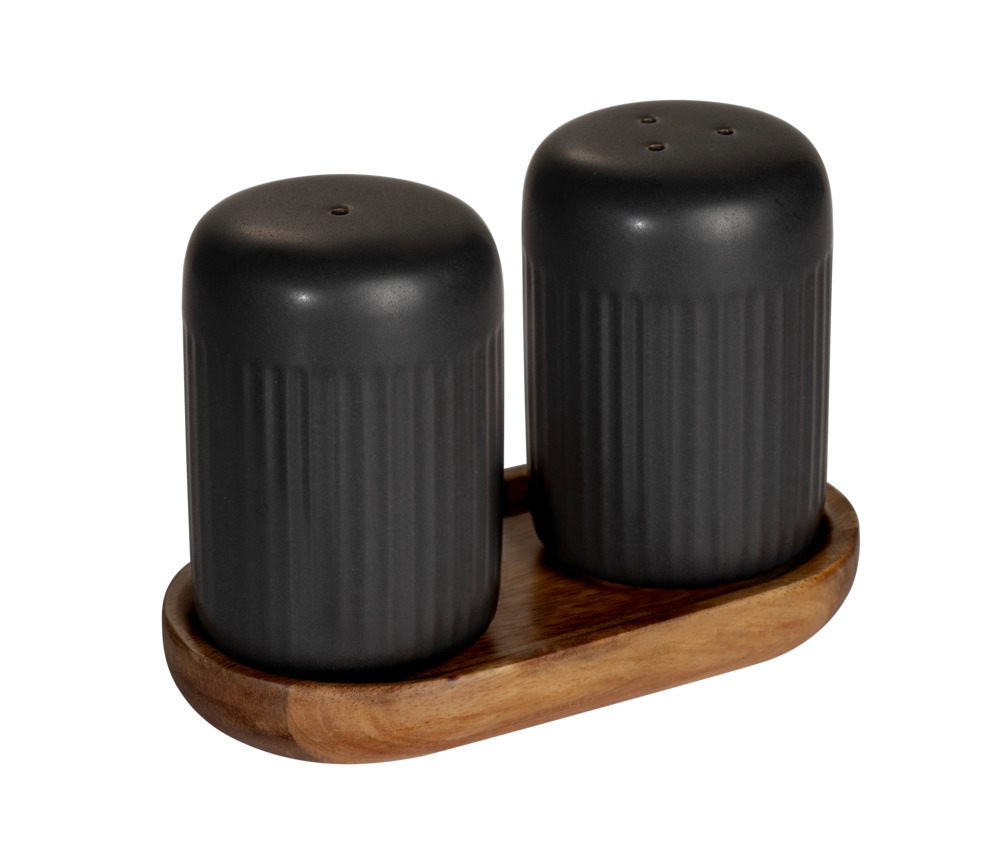 Peper- en zoutstel Mod. Refia, zwart, keramiek, acaciahout, 2x75ml