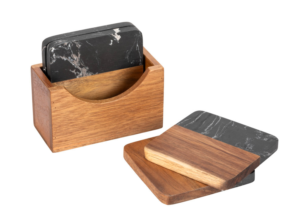 Onderzetter Mod. Atami, zwart, marmer/acacia, 10x10x1 cm, 5-delig
