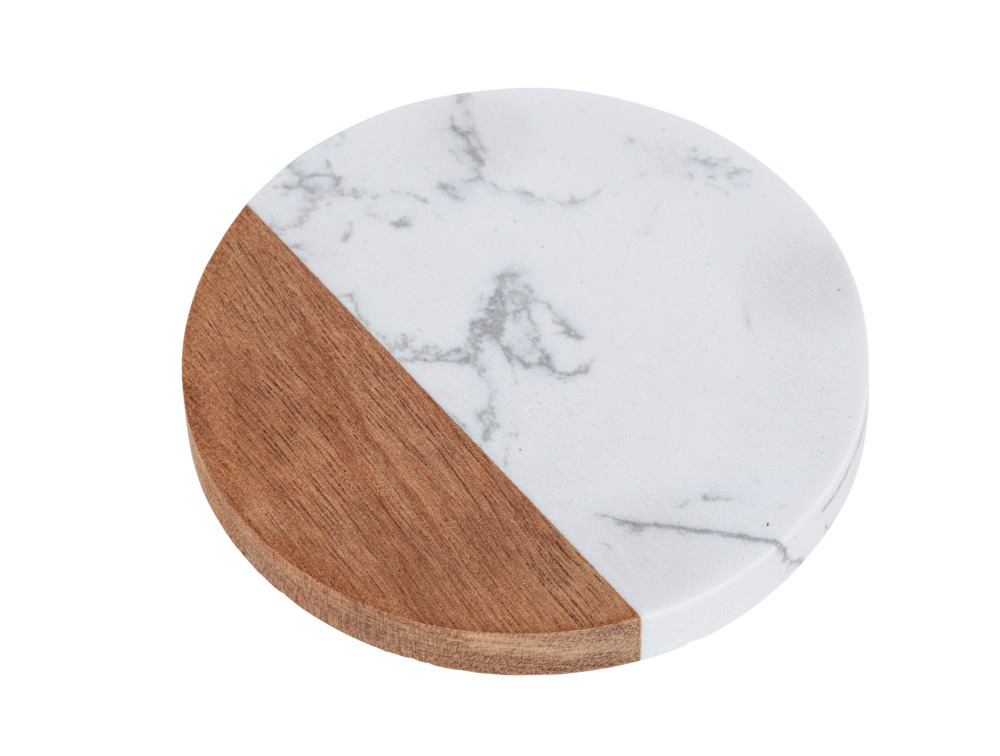 Onderzetter Mod. Marnie, wit/naturel, marmer/acacia, D10x1cm, set van 4