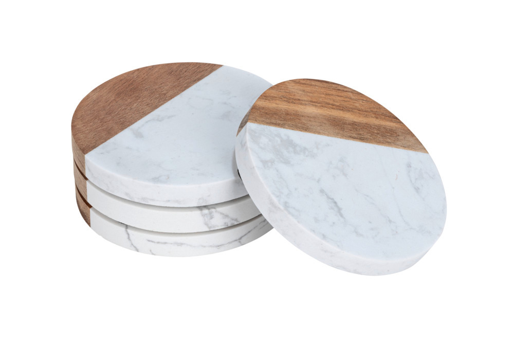 Onderzetter Mod. Marnie, wit/naturel, marmer/acacia, D10x1cm, set van 4