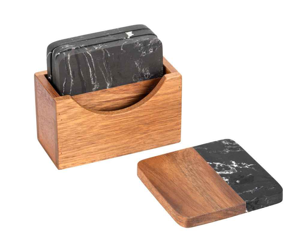 Onderzetter Mod. Atami, zwart, marmer/acacia, 10x10x1 cm, 5-delig