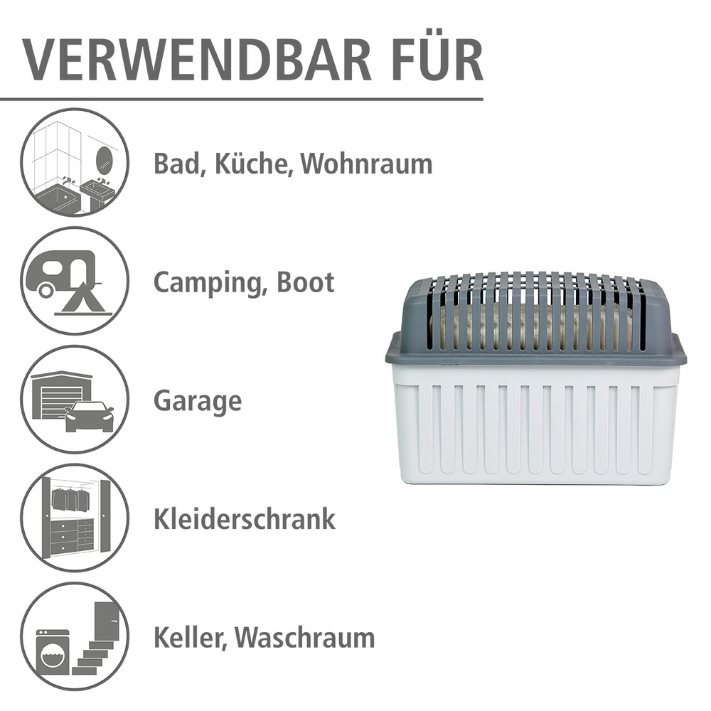 Ontvochtiger, luchtontvochtiger, kamerontvochtiger tegen schimmel en meeldauw, voor kamer, auto, caravan, herbruikbaar, voor kamers tot 80 m³, grijs, incl. granulaatblok, 23 x 15 x 15 cm