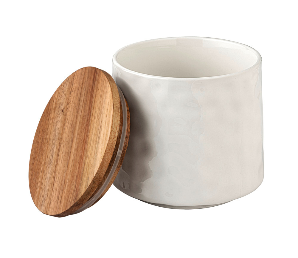 Opbergpot Mod. Adelle 0.55l, wit/natuur, keramiek/hout, Ø11x10cm