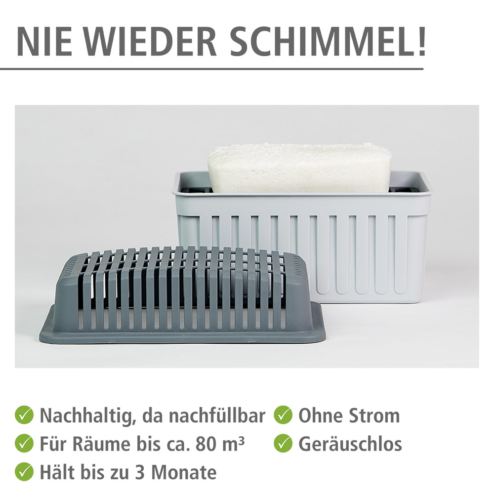 Ontvochtiger, luchtontvochtiger, kamerontvochtiger tegen schimmel en meeldauw, voor kamer, auto, caravan, herbruikbaar, voor kamers tot 80 m³, grijs, incl. granulaatblok, 23 x 15 x 15 cm