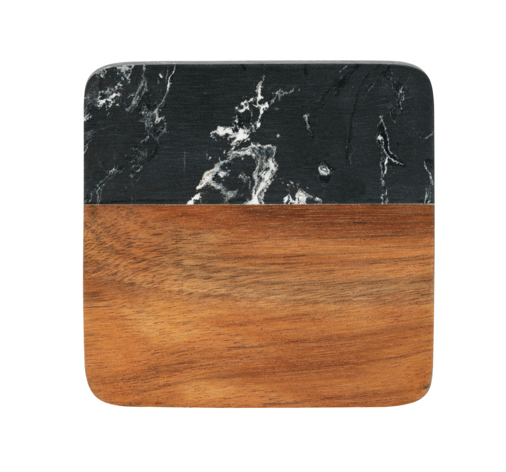 Onderzetter Mod. Atami, zwart, marmer/acacia, 10x10x1 cm, 5-delig
