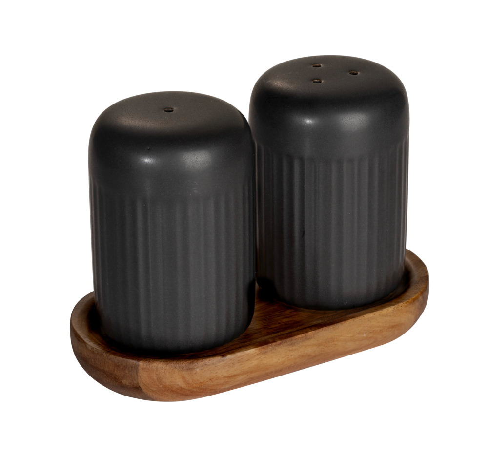 Peper- en zoutstel Mod. Refia, zwart, keramiek, acaciahout, 2x75ml